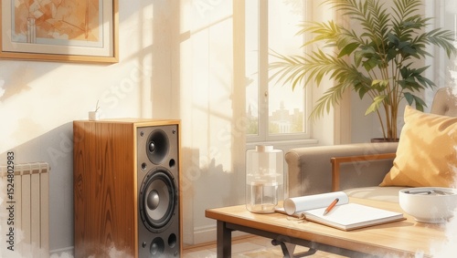 Cozy Living Room Interior with Warm Sunlight Streaming Through Windows and Wooden Furniture