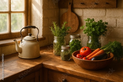 Still life of vegetables and herbs with kettle on a wooden countertop