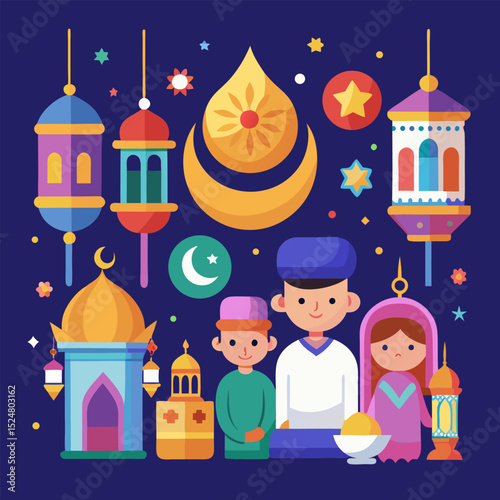 Colorful Diwali celebration with family, fireworks, and lanterns. Traditional Indian festival. Flat cartoon vector illustration.