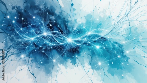 Abstract Digital Art with Vibrant Blue Waves and Sparkling Light Particles on a Soft Background