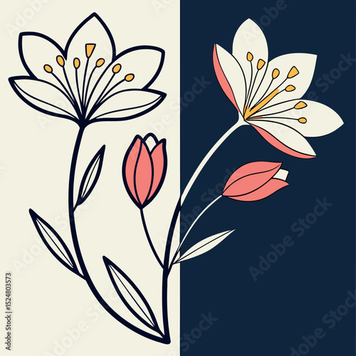 Floral Split Design with Blooming Flowers and Emerging Buds