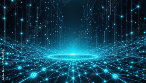 Futuristic Digital Landscape with Glowing Blue Network Connections and Abstract Patterns