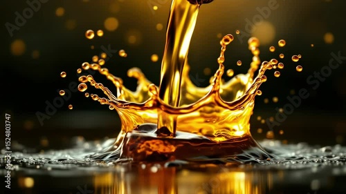 Flowing golden liquid pouring creating crown splash and droplets abstract artistic concept