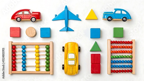 Colorful wooden educational toys including cars, airplane, abacus, and geometric shapes on white background
