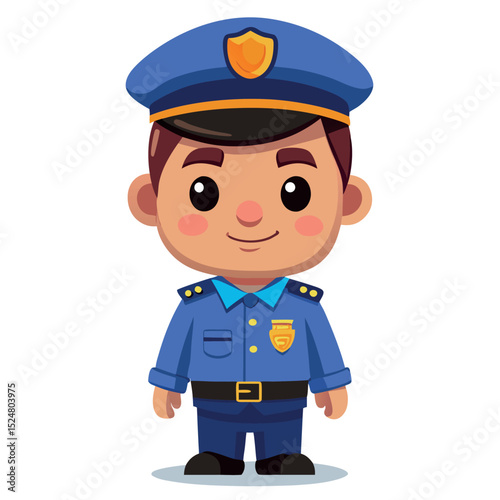 Cartoon Police Officer Illustration in Full Blue Uniform, Shiny Golden Badge Icon