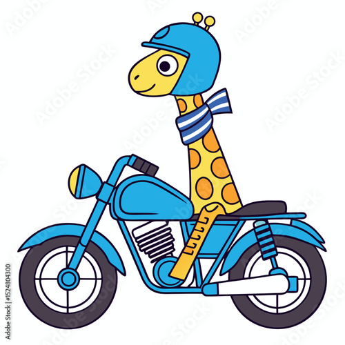Joyful Giraffe Rides Motorcycle With Helmet And Striped Scarf