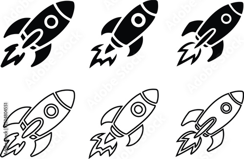 Rocket Icon Set – Vector Black and Outline Rocket Ship Illustrations.