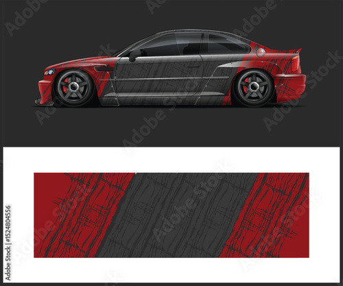 Red and Gray Abstract Design Car Wrap for Sports Coupe
