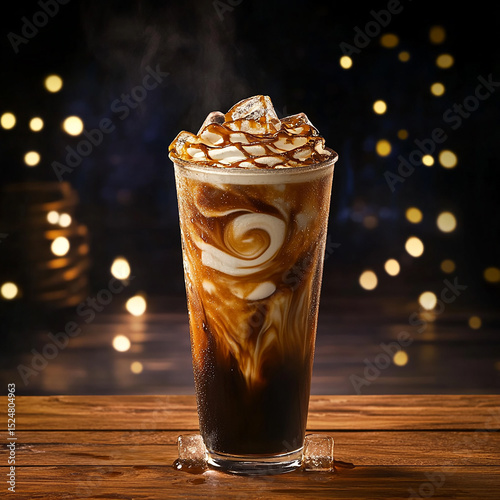 A chilled glass of cola filled with ice cubes sits on a rustic wooden table, its bubbles rising gently. Light reflects off the glass, creating a perfect summer refreshment moment.

