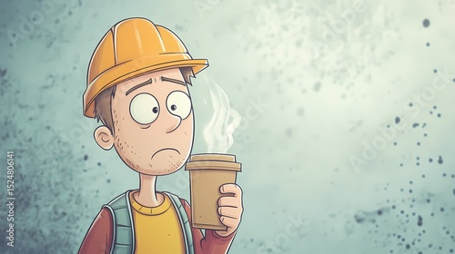Funny cartoon of a tired construction worker drinking coffee