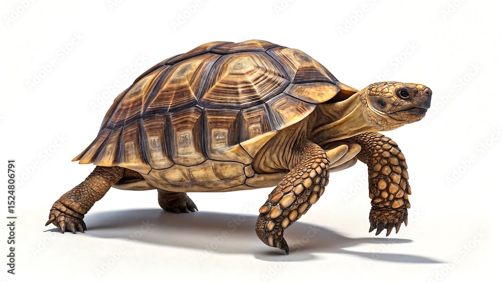 Obraz premium Realistic tortoise walking on white background, detailed texture of shell and slow reptile movement 