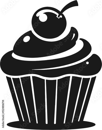 black flat icon of a cupcake with a single cherry on top, isolated on white, best seller concept, isolated on white background.