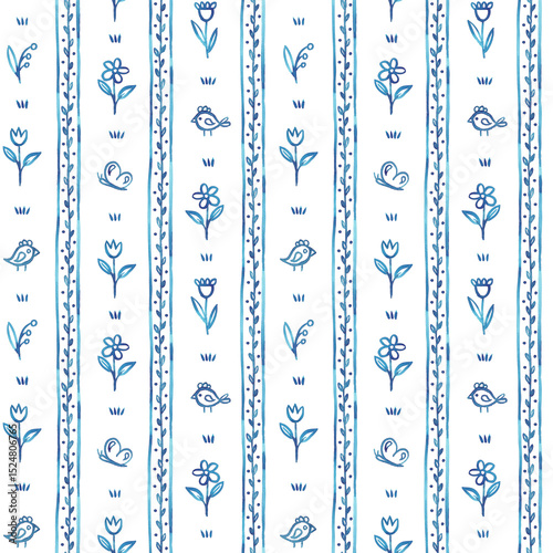 Fototapeta Naklejka Na Ścianę i Meble -  Cute spring nature seamless pattern. Hand drawn watercolor print. Monochrome blue design. Spring nature seamless tile. For textile, fabric, clothing, wallpaper, packaging
