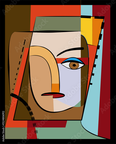 A graphic representation of a face is depicted in an abstract style