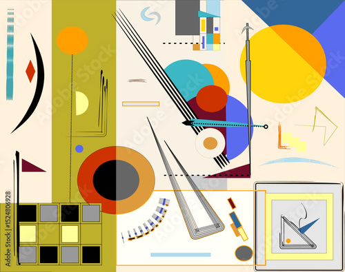 A vibrant composition of geometric shapes and bright colors creates an abstract design with various elements overlaid and adjacent to each other. Bold lines intersect with circles and rectangles