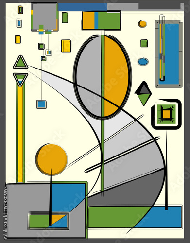 stilized road .geometric composition dominated by a large central oval and a smaller circle is positioned against a pale background with various other shapes distributed throughout the space