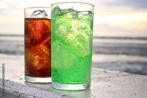 Green and cola soft drink and ice cubes photo