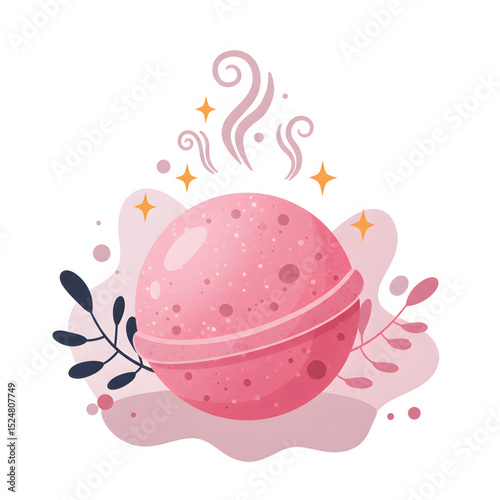Colorful pink bath bomb with plant elements and sparkling details on a light background