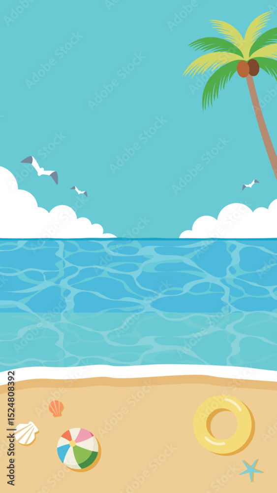 Obraz premium 夏空と海のバナーイラスト背景 縦長