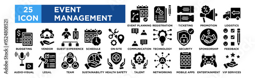 EVENT MANAGEMENT icon collection set. Event Planning, Registration, Ticketing, Promotion, Logistics, Budgeting