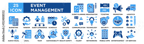 EVENT MANAGEMENT icon collection set. Event Planning, Registration, Ticketing, Promotion, Logistics, Budgeting