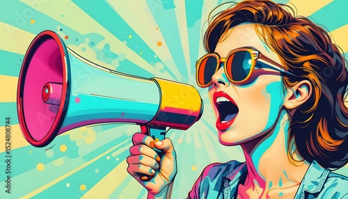 Woman shouting through megaphone with vibrant pop art style