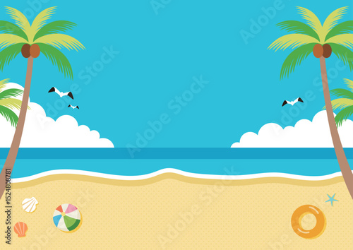 夏の海とヤシの木とビーチが描かれたイラスト　バナー背景　ヘッダー背景