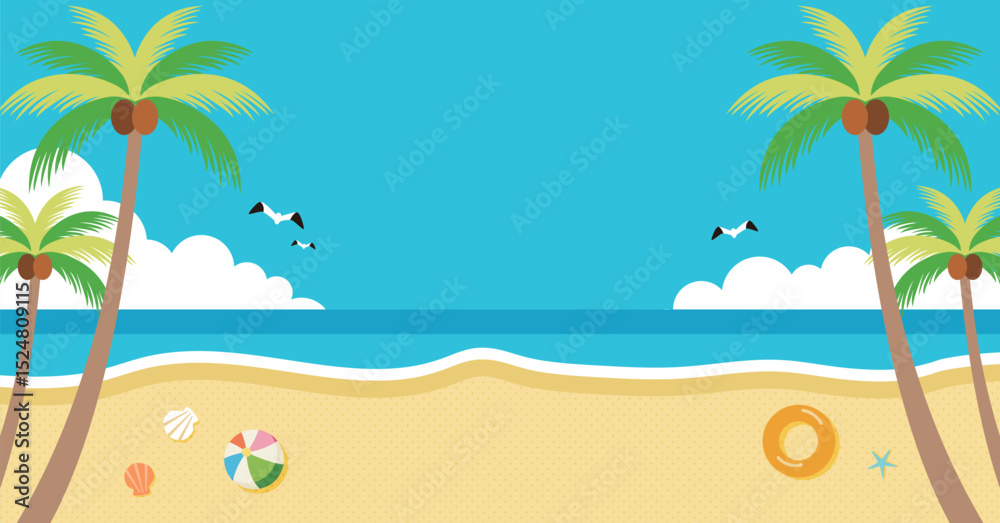 Fototapeta premium 夏の海とヤシの木とビーチが描かれたイラスト バナー背景 ヘッダー背景