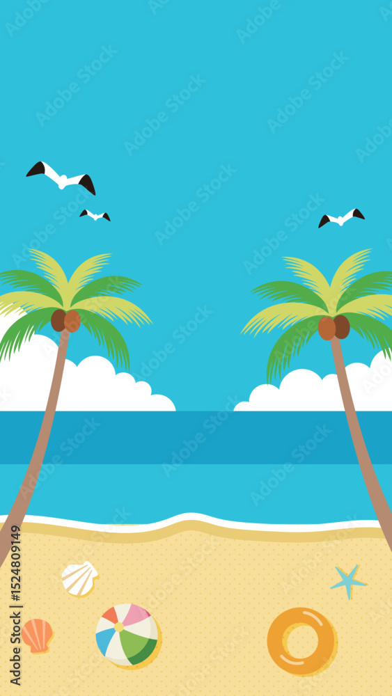 Fototapeta premium 夏の海とヤシの木とビーチが描かれたイラスト バナー背景 ヘッダー背景