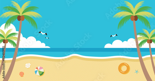 夏の海とヤシの木とビーチが描かれたイラスト　バナー背景　ヘッダー背景
