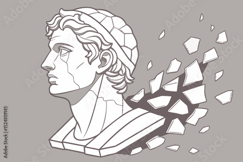 Ancient greek bust crumbling into fragments
