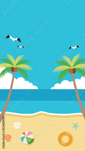 夏の海とヤシの木とビーチが描かれたイラスト　バナー背景　ヘッダー背景