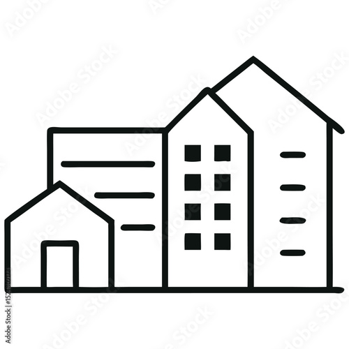 Minimalist Building Icon Featuring House, Apartments, and Architectural Design Elements in Outline Style