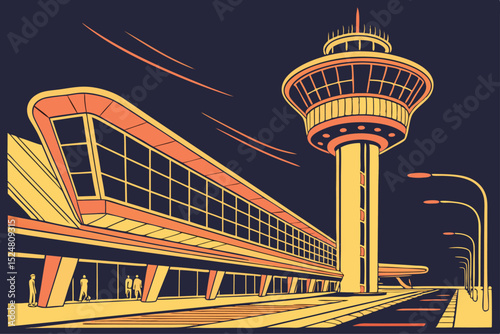 Airport terminal building and control tower at night