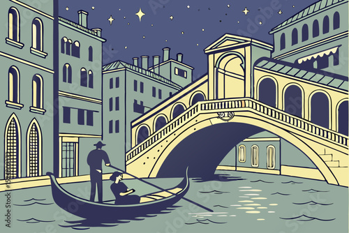 Romantic gondola ride under venetian bridge at night
