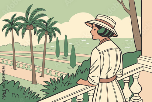Woman in vintage dress on a mediterranean balcony
