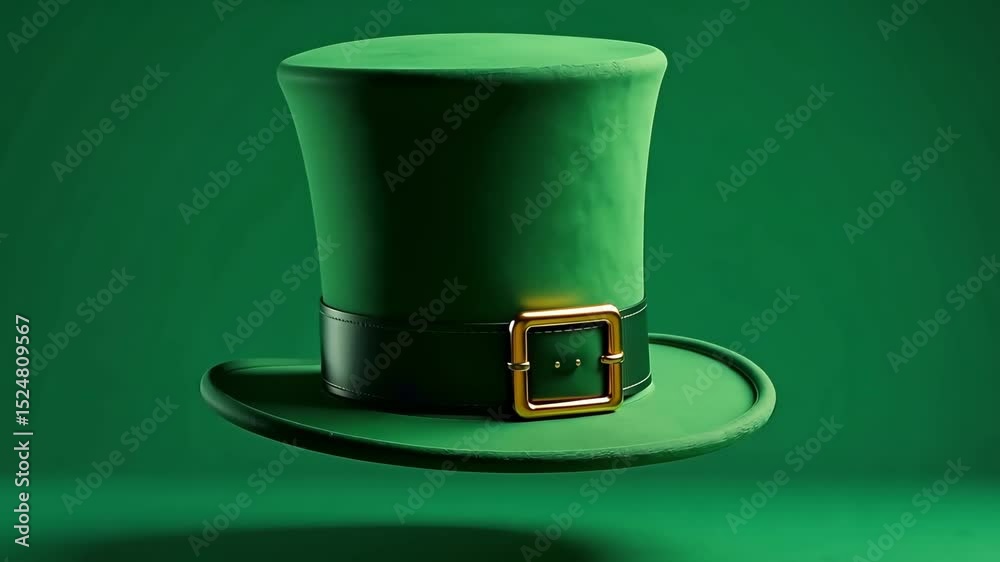 St. Patrick's Day background with flying green Leprechaun hat with clover and flying gold coins. Shamrocks festive atmosphere concept of luck, Irish culture