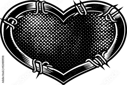 Heart shaped design element crafted from barbed wire with halftone stipple effect isolated on transparent background