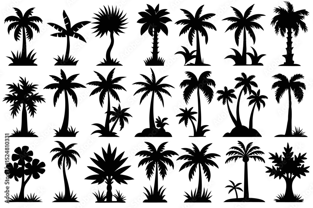 Fototapeta premium Tropical palm tree silhouette collection isolated on transparent background
