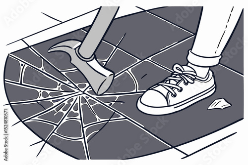 Person breaking tile with hammer and spiderweb