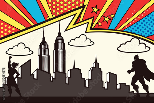 Superheroes silhouette in pop art cityscape