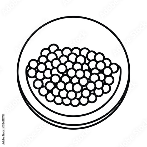 Elegant line art illustration of caviar pearls served in a round plate for culinary concepts