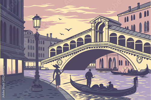 Romantic gondola ride under venetian bridge at sunset