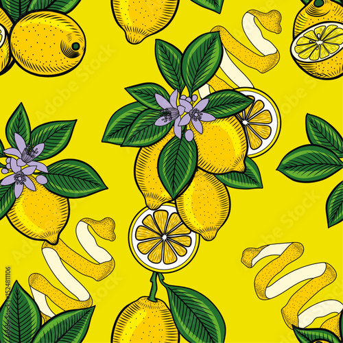 Blooming lemons on branches hand drawn vector seamless pattern in color sketch style. Ripe yellow fruits with slices and zest endless background for fabric and wallpaper. Summer print for lemonade pac