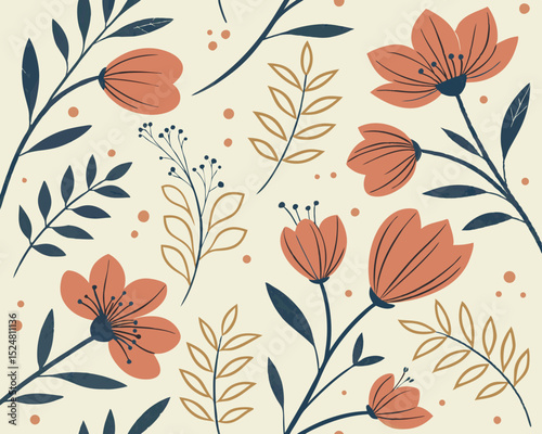 A seamless pattern of stylized orange flowers and dark blue and brown leaves and branches, creating a rustic floral design.