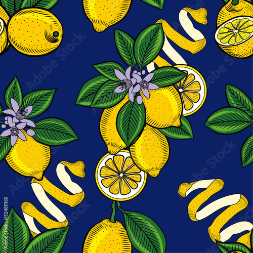Blooming lemons on branches hand drawn vector seamless pattern in color sketch style. Ripe yellow fruits with slices and zest endless background for fabric and wallpaper. Summer print for lemonade pac