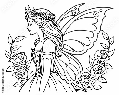 Black and white outline drawing of a beautiful fairy princess with ornate wings, wearing a flowing gown and a floral crown, surrounded by roses.