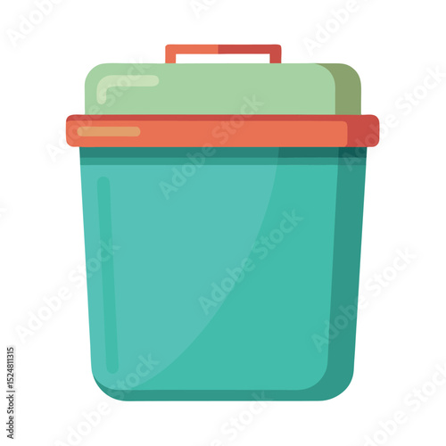 Cartoon Trash Can with Lid, Red Handle, in Teal and Green Shade