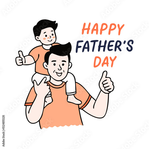A joyful illustration of a father giving his young son a piggyback ride, both smiling and giving thumbs up for Father's Day.