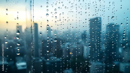 The city skyline is visible through a window with raindrops on it. The raindrops create a blurry effect, making the cityscape appear hazy and dreamy